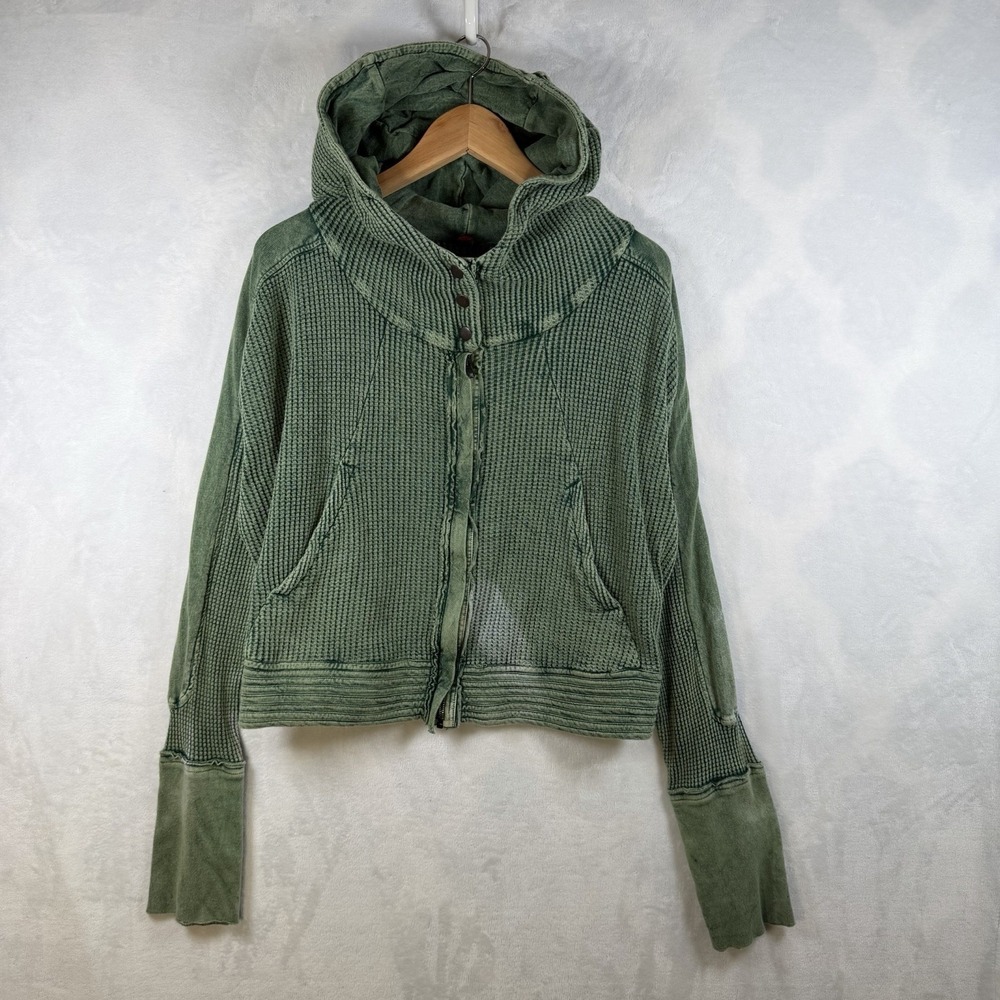 Free People FP One Black Women L  Waffle Knit Zip Crop Hoodie Acid Wash Thermal